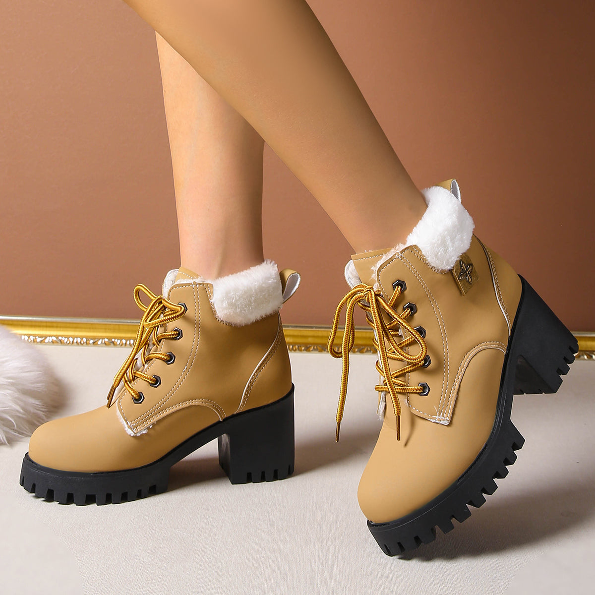 Bootara Women's Frosted Plush Combat Boot - Winter Lace-Up Ankle Boots with Block Heel & Commuter-Ready Grip (US 4-10)