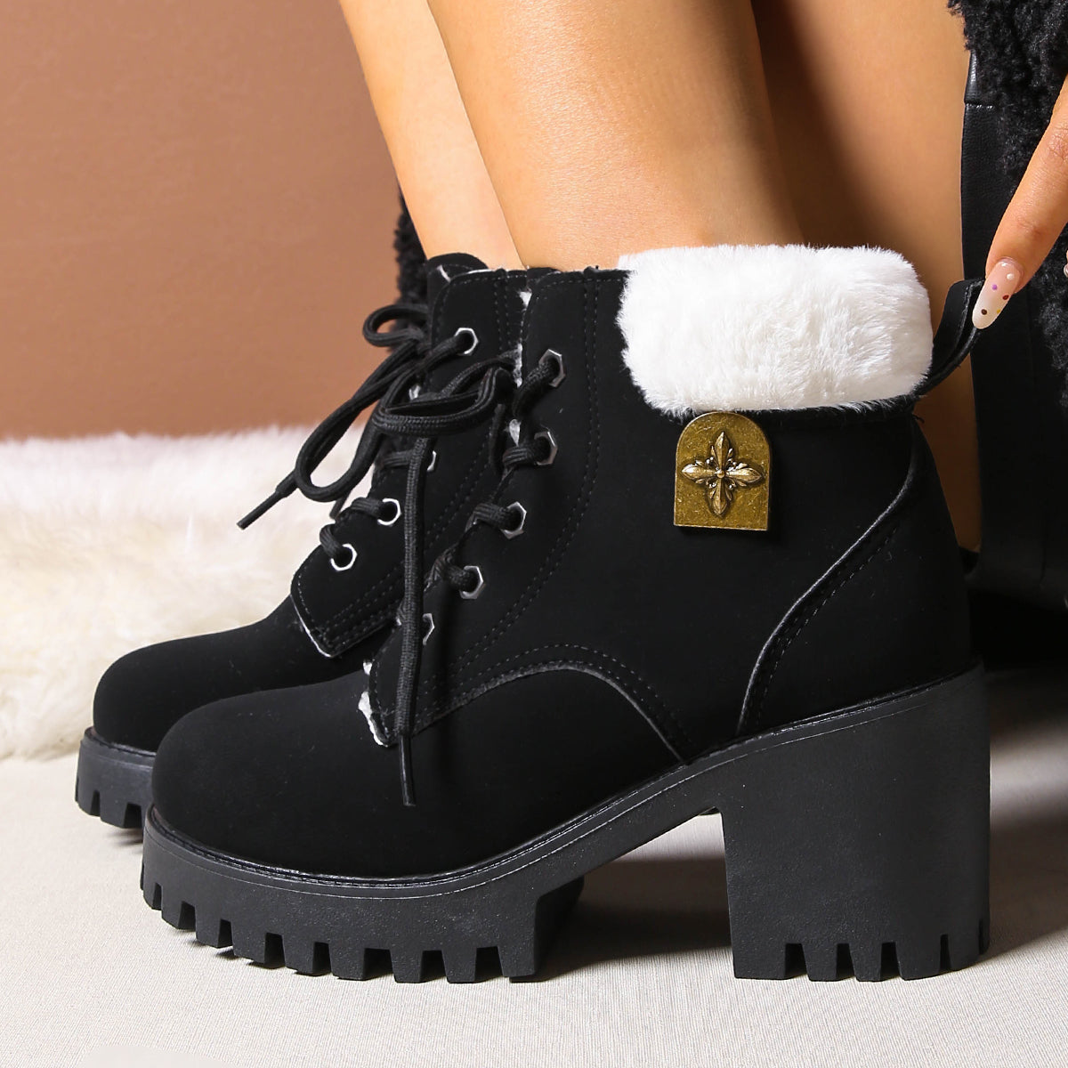 Bootara Women's Frosted Plush Combat Boot - Winter Lace-Up Ankle Boots with Block Heel & Commuter-Ready Grip (US 4-10)