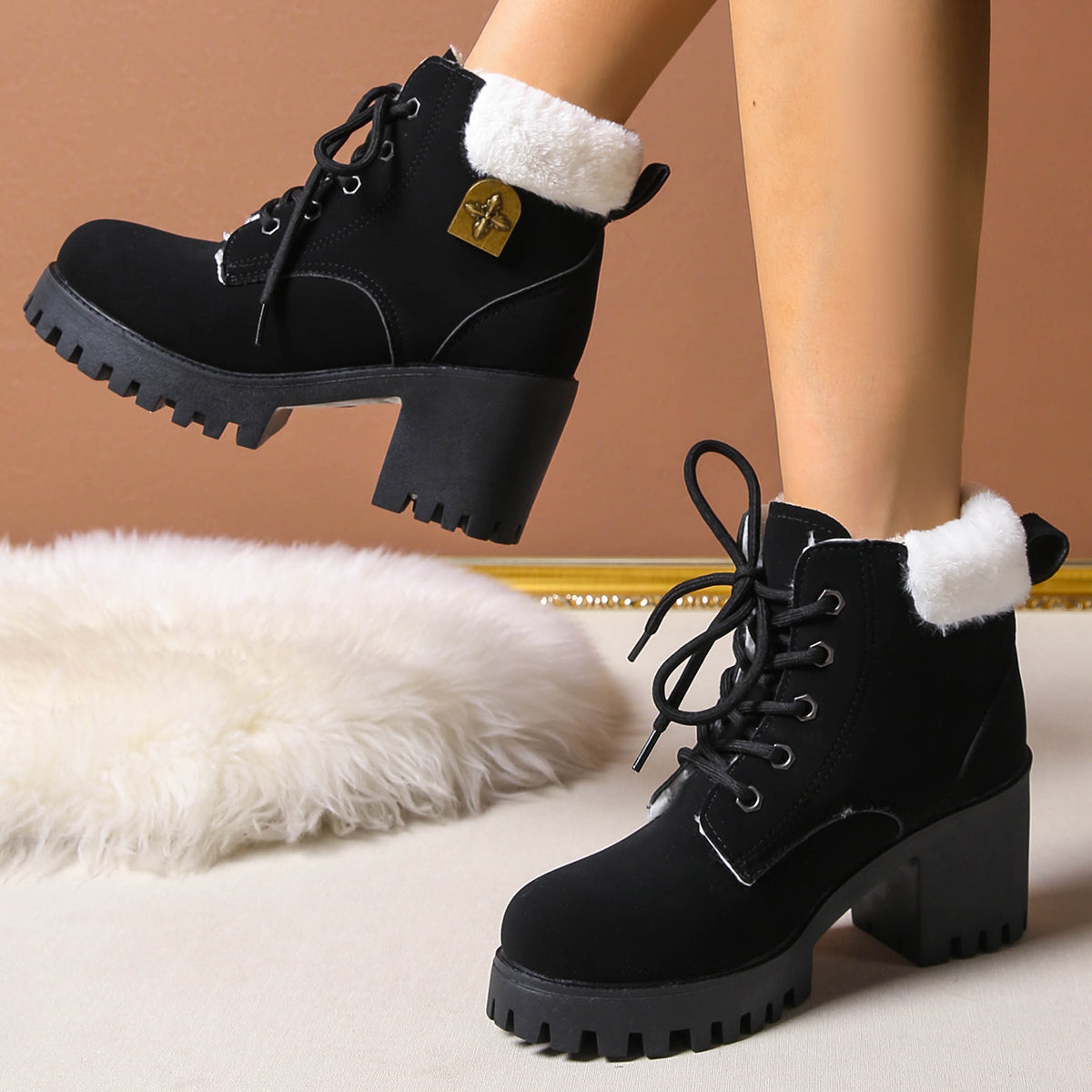 Bootara Women's Frosted Plush Combat Boot - Winter Lace-Up Ankle Boots with Block Heel & Commuter-Ready Grip (US 4-10)