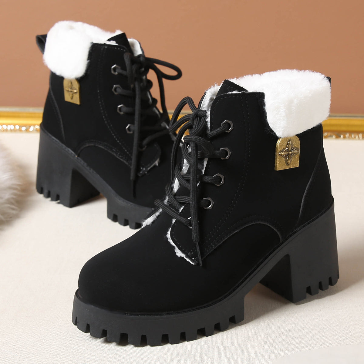 Bootara Women's Frosted Plush Combat Boot - Winter Lace-Up Ankle Boots with Block Heel & Commuter-Ready Grip (US 4-10)