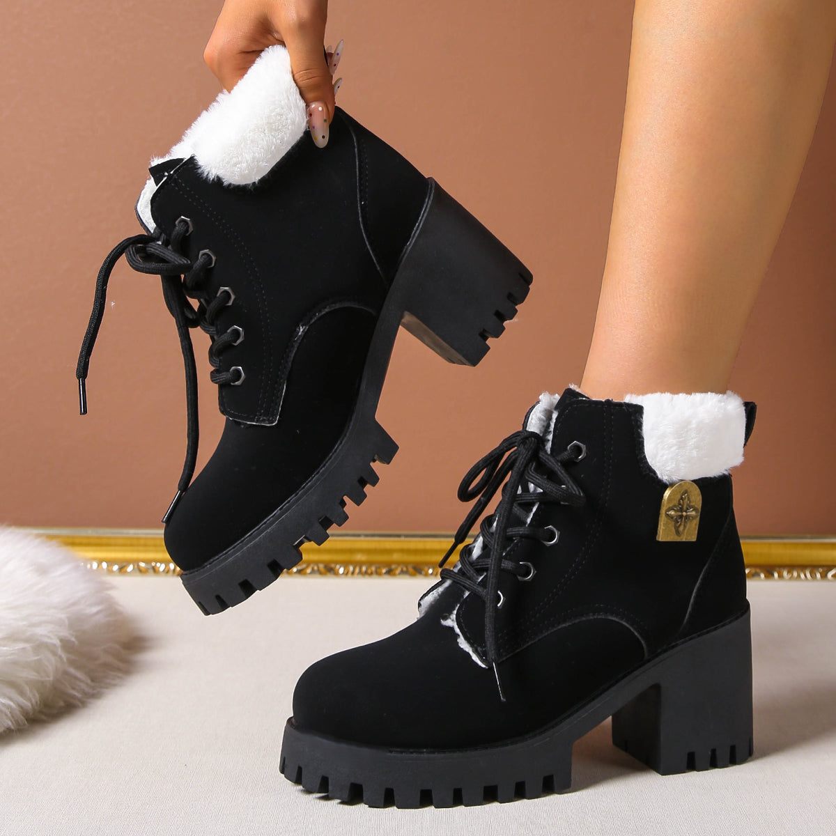 Bootara Women's Frosted Plush Combat Boot - Winter Lace-Up Ankle Boots with Block Heel & Commuter-Ready Grip (US 4-10)