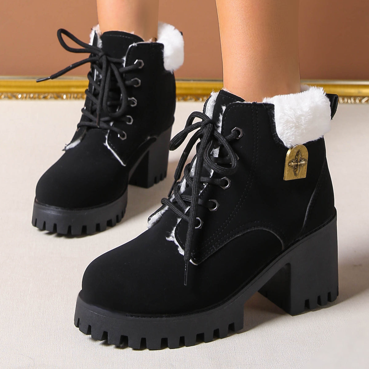 Bootara Women's Frosted Plush Combat Boot - Winter Lace-Up Ankle Boots with Block Heel & Commuter-Ready Grip (US 4-10)