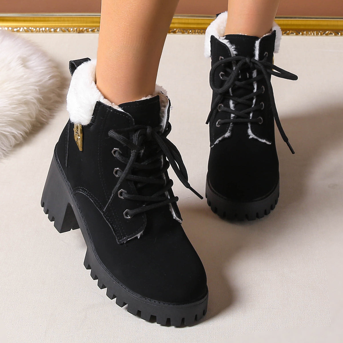 Bootara Women's Frosted Plush Combat Boot - Winter Lace-Up Ankle Boots with Block Heel & Commuter-Ready Grip (US 4-10)