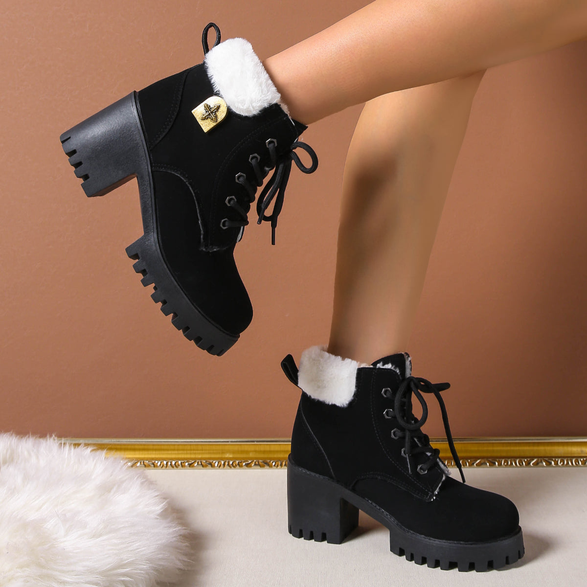 Bootara Women's Frosted Plush Combat Boot - Winter Lace-Up Ankle Boots with Block Heel & Commuter-Ready Grip (US 4-10)