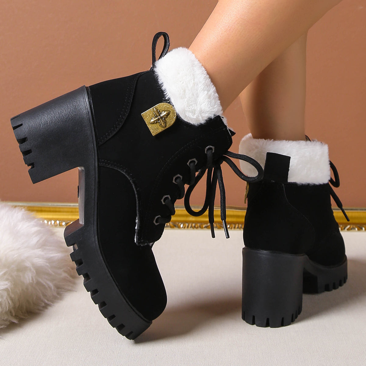 Bootara Women's Frosted Plush Combat Boot - Winter Lace-Up Ankle Boots with Block Heel & Commuter-Ready Grip (US 4-10)