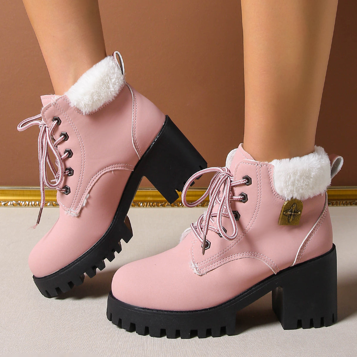 Bootara Women's Frosted Plush Combat Boot - Winter Lace-Up Ankle Boots with Block Heel & Commuter-Ready Grip (US 4-10)