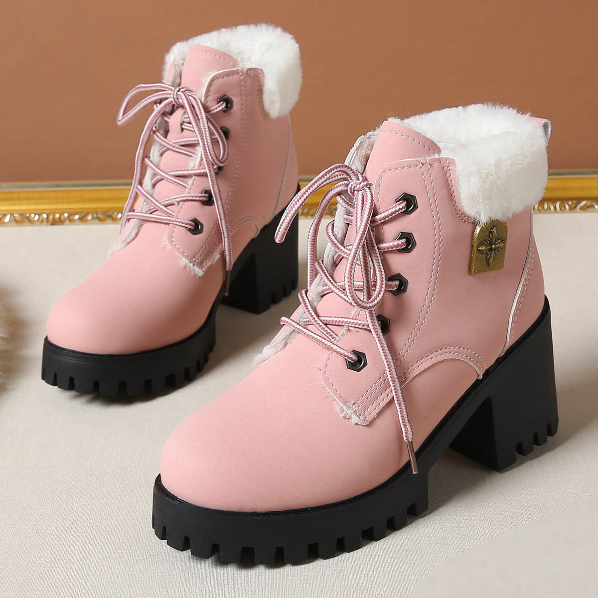 Bootara Women's Frosted Plush Combat Boot - Winter Lace-Up Ankle Boots with Block Heel & Commuter-Ready Grip (US 4-10)