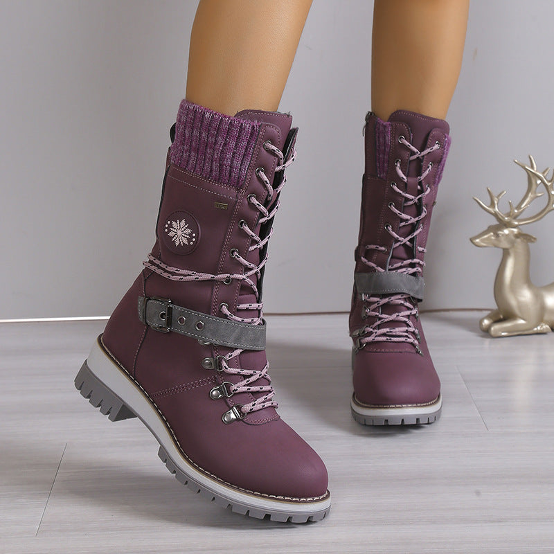 Bootara Women's Nordic Knit Combat Boot - High-Shaft Thermal Cotton Lined Snow Boots with Block Heel & Leather Accents Design (US 5-10.5)