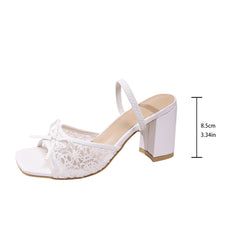 Bootara Women’s Elarise Lace Bow Block Heel Square Toe Sandals – Chunky Heel Dress Slides (US 4–10.5)