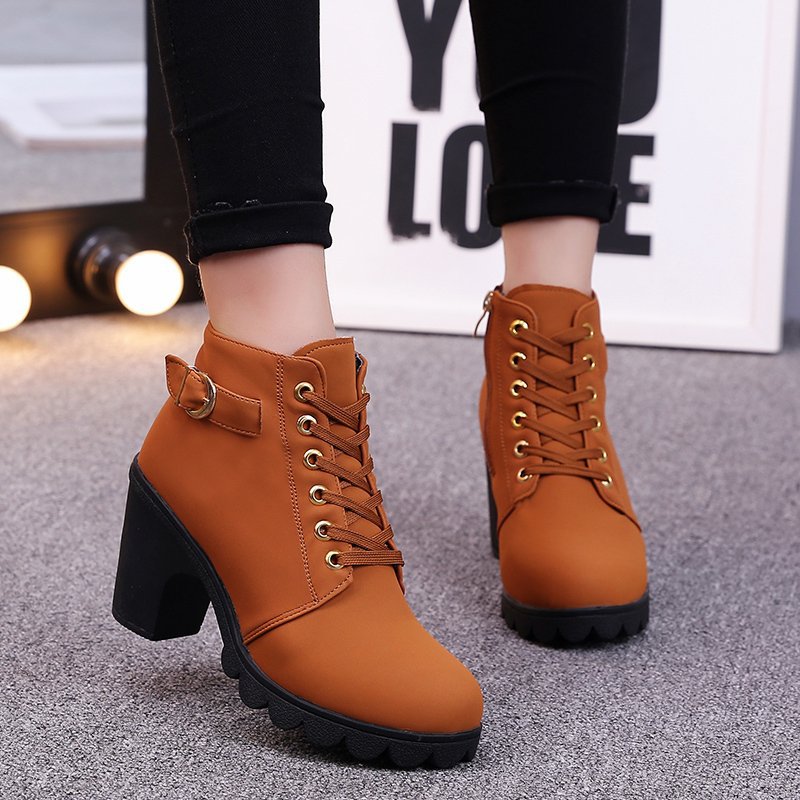 Bootara Women's Buckle Decorated Chunky Heel Ankle Boots - Side Zipper & Lace-Up Round Toe Mid-Calf Equestrian Boots (US 4-10)