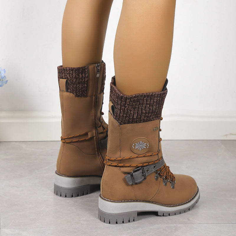 Bootara Women's Nordic Knit Combat Boot - High-Shaft Thermal Cotton Lined Snow Boots with Block Heel & Leather Accents Design (US 5-10.5)