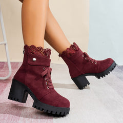 Bootara Women's Lace & Suede Heeled Boots - Chunky Heel Round Toe Vintage Ankle Boots (US 5-10.5)