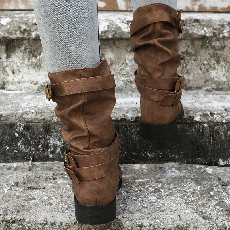 Bootara Women's Matte PU Buckle-Detailed Slouch Boots - Crushed Texture Stacked Mid-Calf Flat Boots (US 5-10.5)