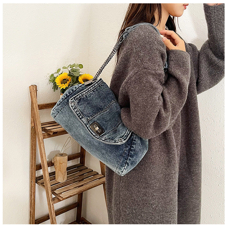 Bootara Women's Vintage Denim Tote Bag – Casual Chain Strap Shoulder Bag with Spacious Compartment Retro Commuter Essentials