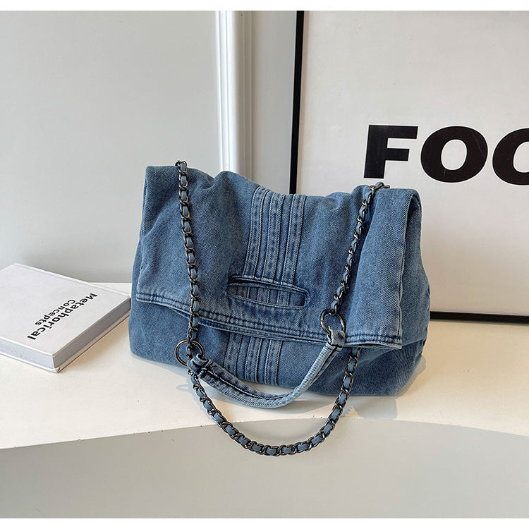 Bootara Women's Vintage Denim Tote Bag with Chain Strap – Structured Large-Capacity Crossbody & Shoulder Bag