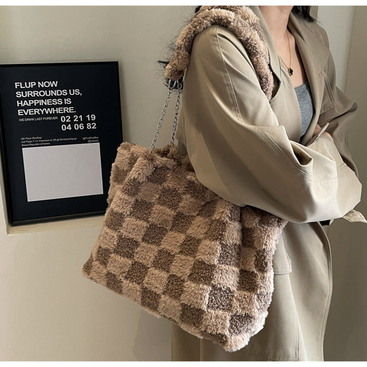 Bootara Women's Large-Capacity Plush Handbag | Trendy Quilted Chain Shoulder Bag with Patchwork Design