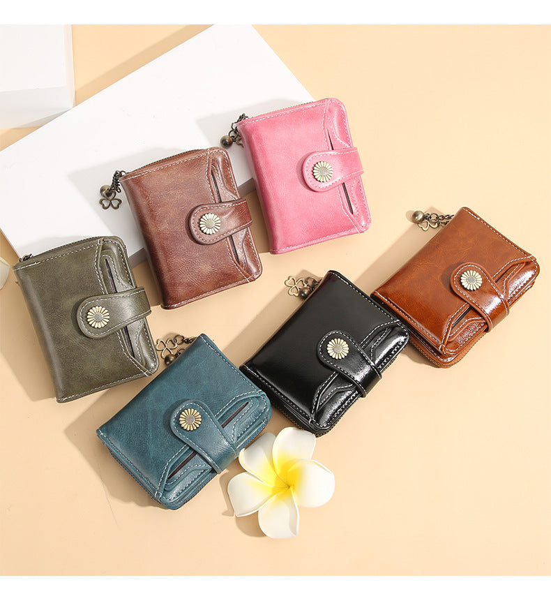 Bootara Women's Compact Waxed Leather Wallet –  Zip Closure Organizer (Coin Purse, ID Slot & Card Holder)