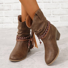 Bootara Women's Western Tassel Boots - Braided Buckle Cowboy Ankle Boots with Block Heel & Pointed Toe (US 5-10)