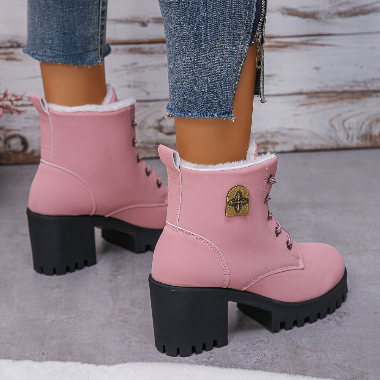 Bootara Women's Alpine Luxe Combat Boot - Chunky Sole Mid-Heel Weatherproof Ankle Boots with Faux Fur Lining & Classic Lace-Up Design (US 4-10)
