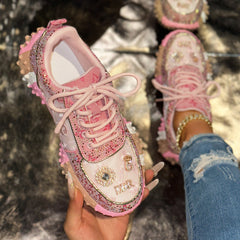 Bootara Women’s Lumira Embroidered Letter Mesh Platform Sneakers – Rhinestone Detail Chunky Sole Light Luxury Fashion Sneakers (US 4–10.5)