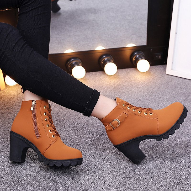 Bootara Women's Buckle Decorated Chunky Heel Ankle Boots - Side Zipper & Lace-Up Round Toe Mid-Calf Equestrian Boots (US 4-10)