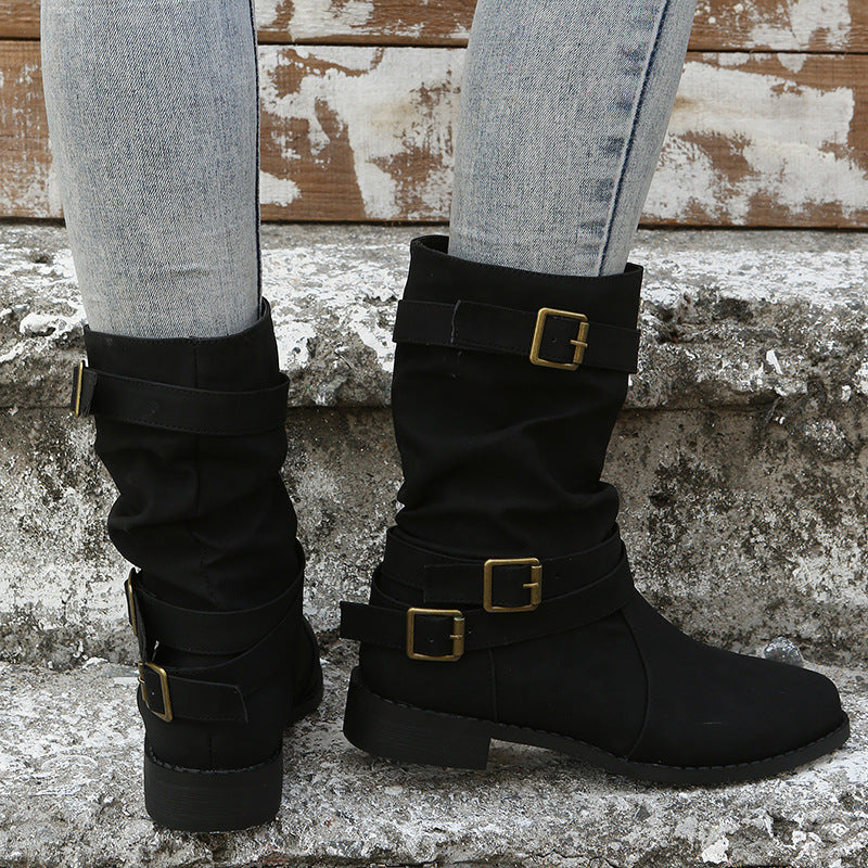 Bootara Women's Matte PU Buckle-Detailed Slouch Boots - Crushed Texture Stacked Mid-Calf Flat Boots (US 5-10.5)