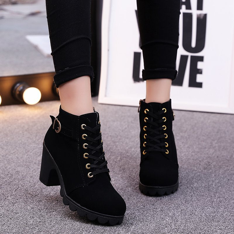 Bootara Women's Buckle Decorated Chunky Heel Ankle Boots - Side Zipper & Lace-Up Round Toe Mid-Calf Equestrian Boots (US 4-10)