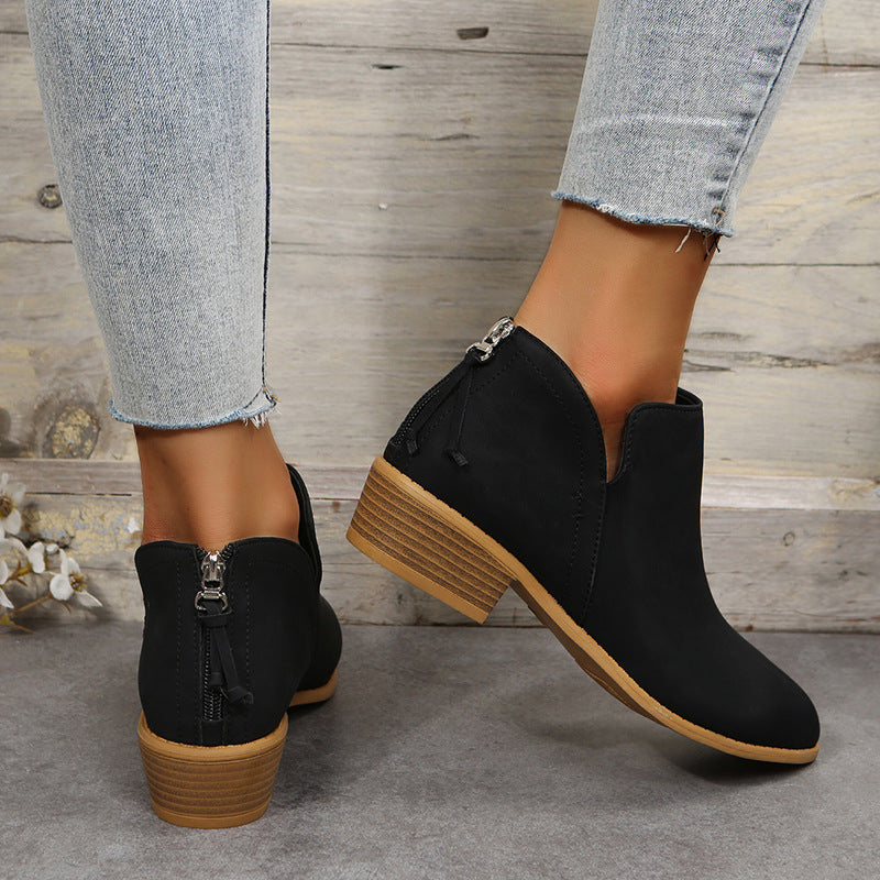Bootara Plus Size Women's British-Inspired Solid-Color Pointed Toe Casual Fashion Boots with Rear Zipper & Low Chunky Hee
