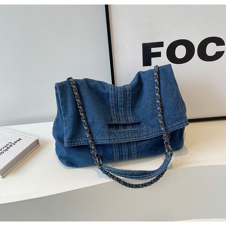 Bootara Women's Vintage Denim Tote Bag with Chain Strap – Structured Large-Capacity Crossbody & Shoulder Bag