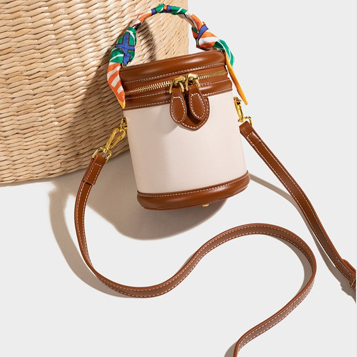 Bootara Women's Retro Color-Block Barrel Bag – Mini Cylinder Cosmetic Case with Detachable Silk Scarf & Chain Strap