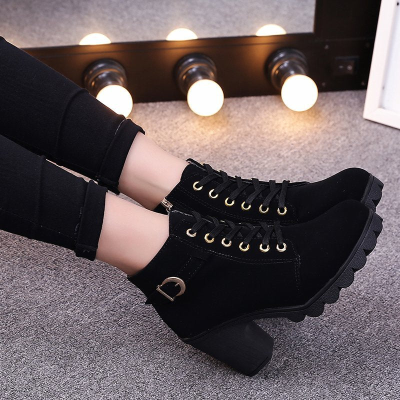 Bootara Women's Buckle Decorated Chunky Heel Ankle Boots - Side Zipper & Lace-Up Round Toe Mid-Calf Equestrian Boots (US 4-10)