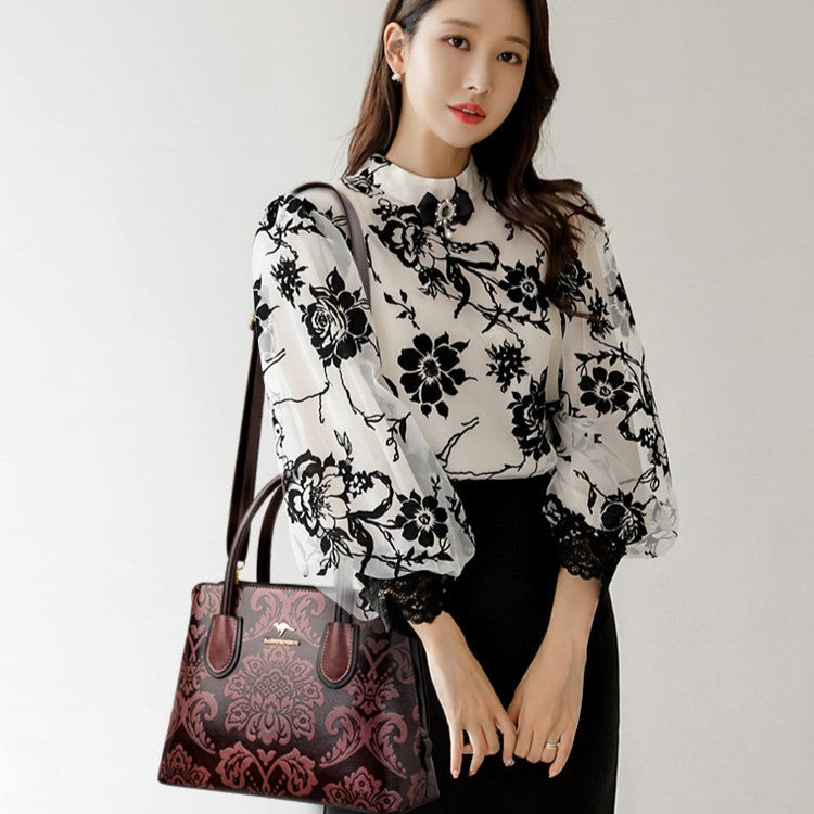Bootara Women's Gilded Heirloom Satchel - Hand-Tooled Embossed Leather Convertible with Timeless Architecture & Artisan Legacy