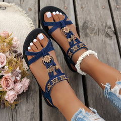Bootara Women's Calyelle Boho Charm Sandals – Smocked Ankle Strap Flat Resort Shoes (US 5–10.5)