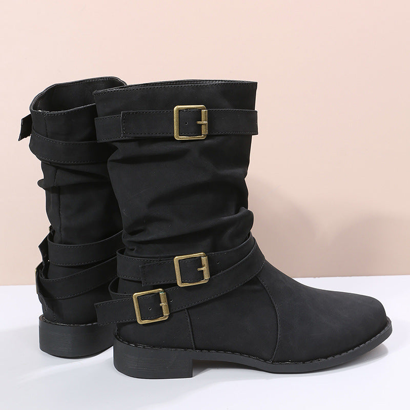 Bootara Women's Matte PU Buckle-Detailed Slouch Boots - Crushed Texture Stacked Mid-Calf Flat Boots (US 5-10.5)