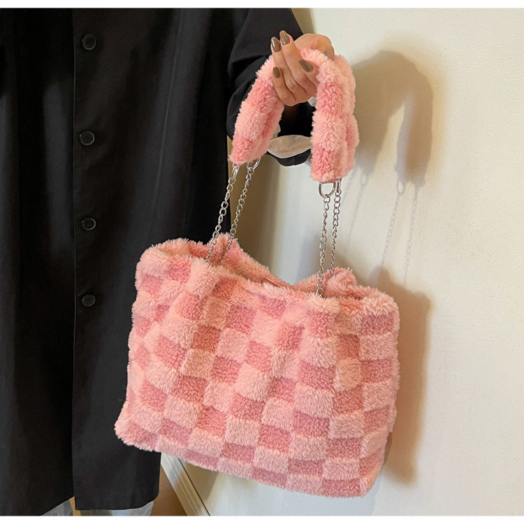 Bootara Women's Large-Capacity Plush Handbag | Trendy Quilted Chain Shoulder Bag with Patchwork Design