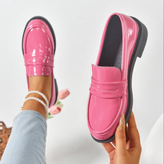 Bootara Women's Plus Size Gloss Chunky Heel Loafers Lacquer-Finish Slip-Ons