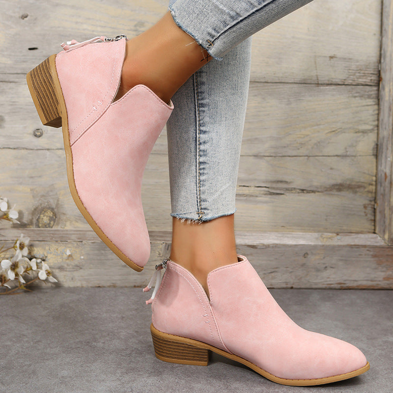 Bootara Plus Size Women's British-Inspired Solid-Color Pointed Toe Casual Fashion Boots with Rear Zipper & Low Chunky Hee