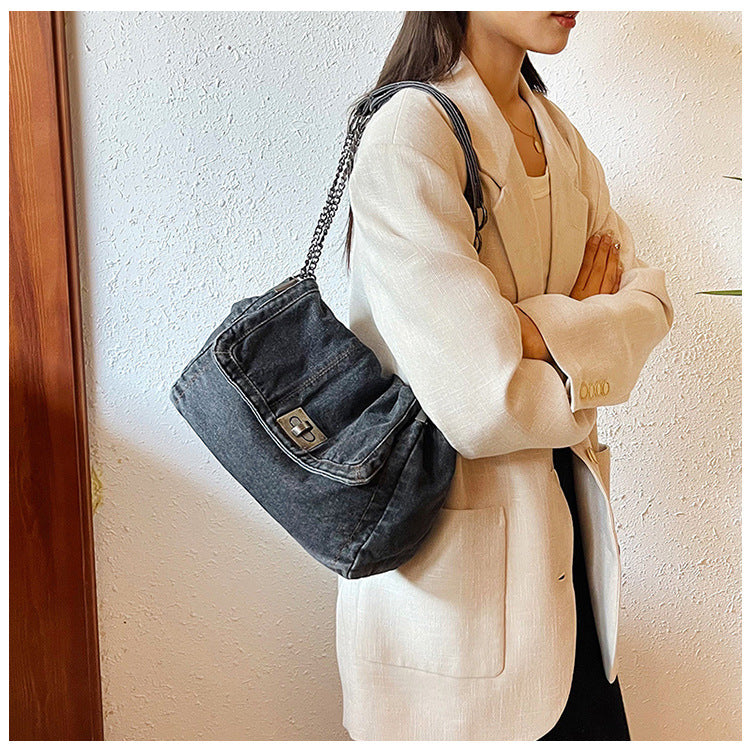 Bootara Women's Vintage Denim Tote Bag – Casual Chain Strap Shoulder Bag with Spacious Compartment Retro Commuter Essentials