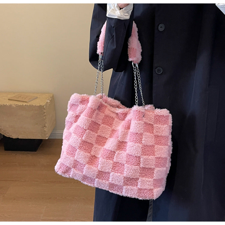 Bootara Women's Large-Capacity Plush Handbag | Trendy Quilted Chain Shoulder Bag with Patchwork Design