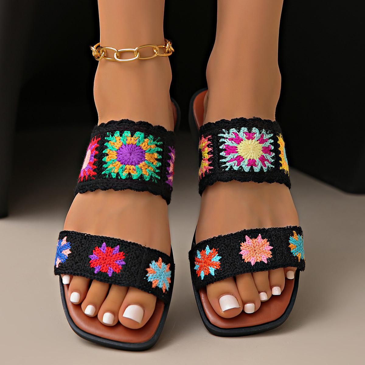 Bootara Women’s SunBloom Knit Flat Slides – Square-Toe Boho Embroidered Sandals (US 5–10)