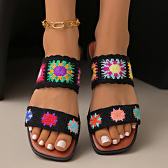 Bootara Women’s SunBloom Knit Flat Slides – Square-Toe Boho Embroidered Sandals (US 5–10)