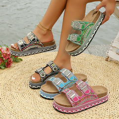 Bootara Women’s Calyra Rhinestone Platform Slide Sandals – Boho Metallic Buckle Rope Detail Resort Slides (US 5–10.5)