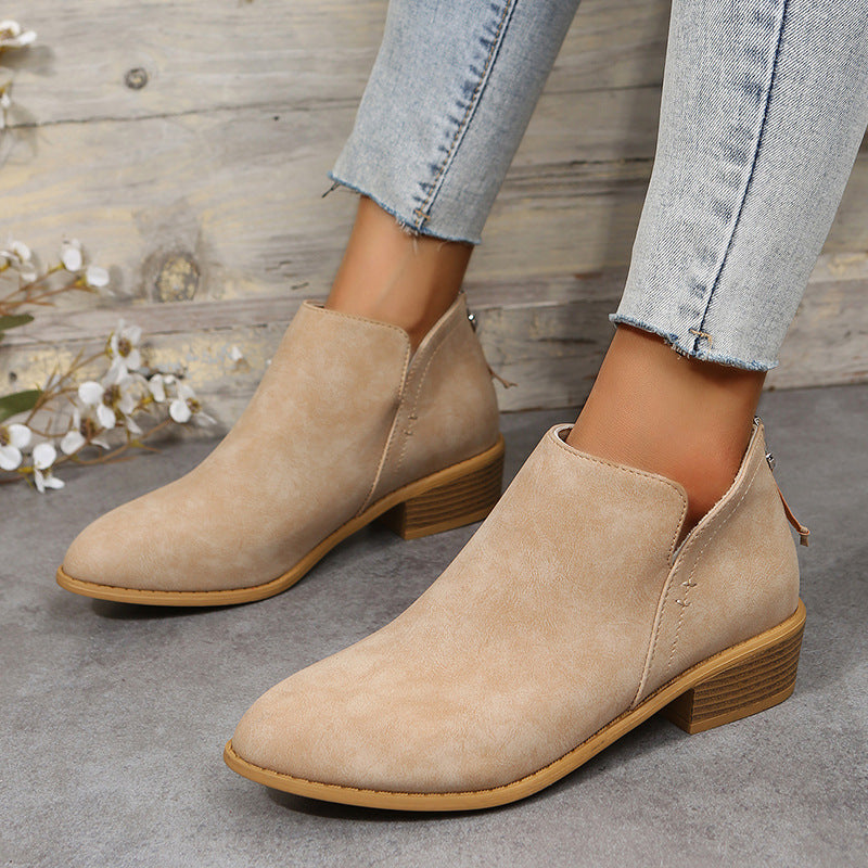 Bootara Plus Size Women's British-Inspired Solid-Color Pointed Toe Casual Fashion Boots with Rear Zipper & Low Chunky Hee