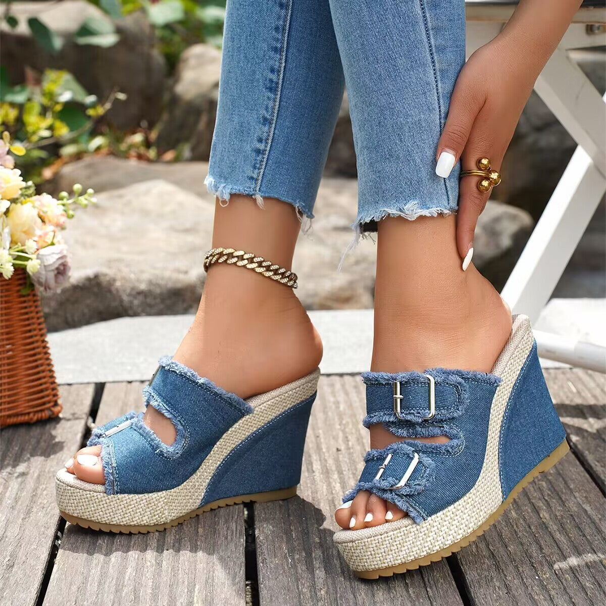 Bootara Women’s Denira Denim Peep-Toe Wedge Slide Sandals – Buckle Strap Platform Chic Summer Slides (US 5–10.5)