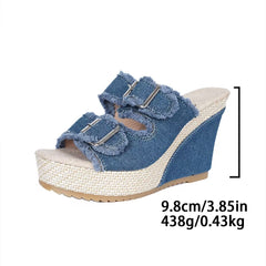Bootara Women’s Denira Denim Peep-Toe Wedge Slide Sandals – Buckle Strap Platform Chic Summer Slides (US 5–10.5)
