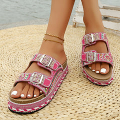 Bootara Women’s Calyra Rhinestone Platform Slide Sandals – Boho Metallic Buckle Rope Detail Resort Slides (US 5–10.5)