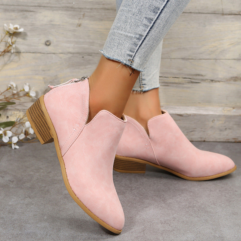 Bootara Plus Size Women's British-Inspired Solid-Color Pointed Toe Casual Fashion Boots with Rear Zipper & Low Chunky Hee
