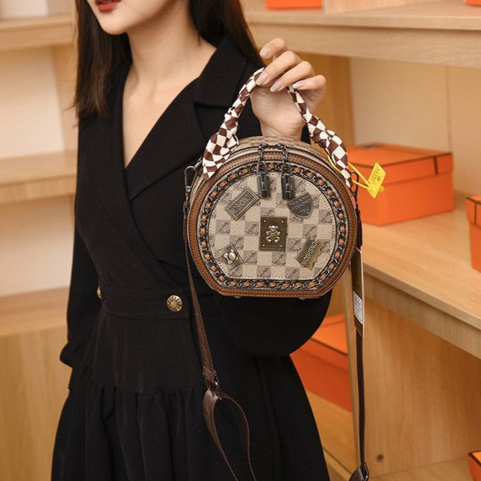 Bootara Women's Retro Textured Round Bag – Vintage Crossbody with Detachable Charm & Scarf, Versatile Top Handle & Adjustable Strap