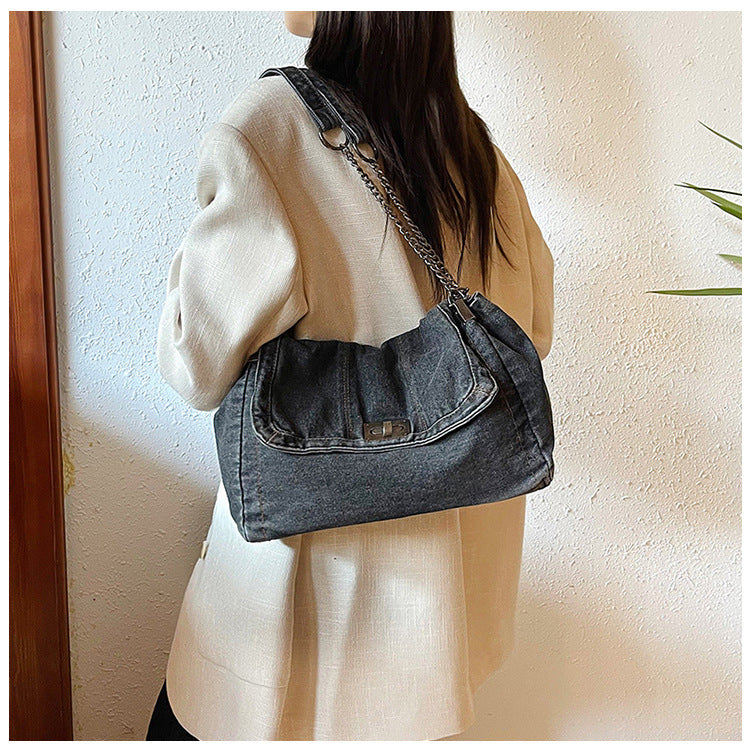 Bootara Women's Vintage Denim Tote Bag – Casual Chain Strap Shoulder Bag with Spacious Compartment Retro Commuter Essentials