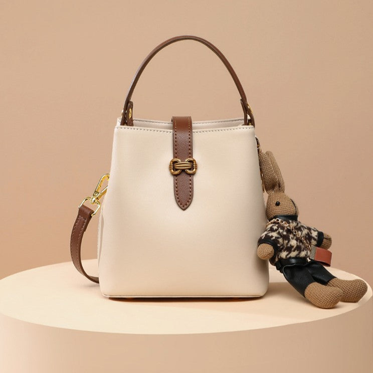 Bootara Women’s Bunny Charm Bucket Satchel — Cowhide Leather Convertible with Sculptural Clasp & Signature Whimsy